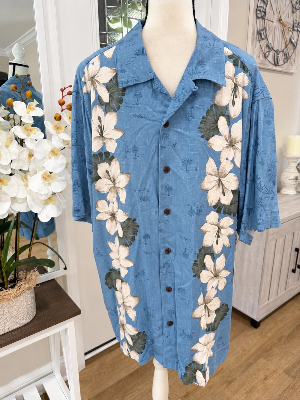 Caribbean Joe Aloha Hawaiian XL Shirt Tiki Huts Palm Trees Hibiscus Tropical New